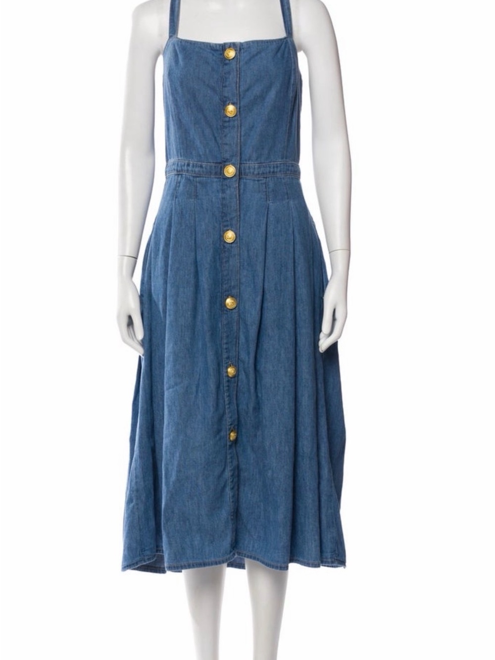 L'AGENCE Blue Denim Button-Down Midi Dress with Gold Buttons